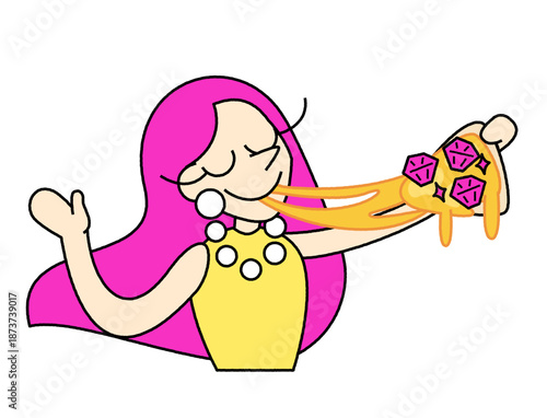 とろけるピザを幸せそうに食べる、おしゃれでポップな女性キャラクターイラスト