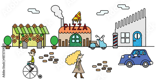 商店街を行き交う人と車を描いたポップでシンプルな街並み背景イラスト