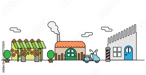 商店街の建物が並ぶポップでシンプルな街並み背景イラスト