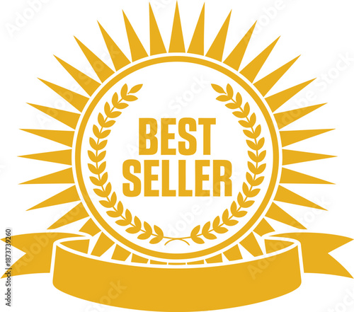 A golden best seller badge with a sunburst and laurel wreath design