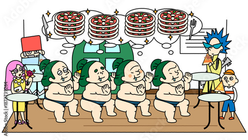ピザを夢見る個性的な客たちで賑わうレストランのコミカルなイラスト