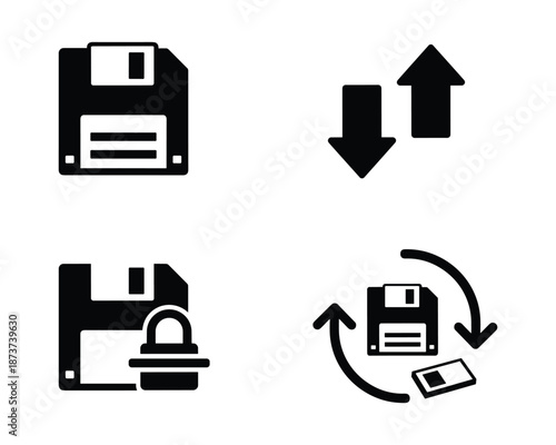 Floppy disk drive icons, data transfer, floppy disk lock, and floppy disk refresh isolated on white
