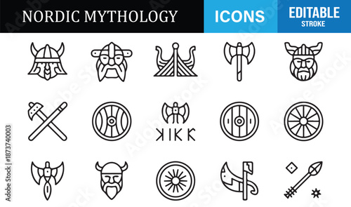 Nordic mythology icon set in editable outline vector style