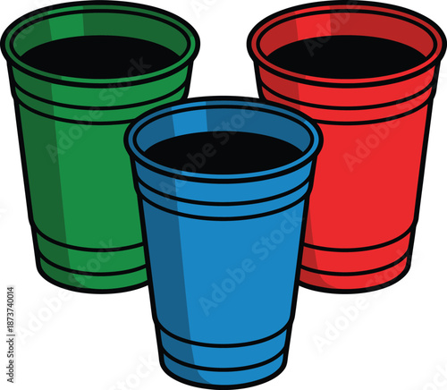 Three colorful plastic cups filled with dark liquid on a white background