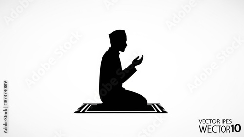 Man in silhouette sitting on a prayer mat with hands raised in a gesture of supplication or prayer on a white background with islamic and muslim