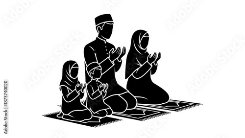 A muslim family including a man woman and two children praying together on a prayer mat in a simple black and white illustration with islamic