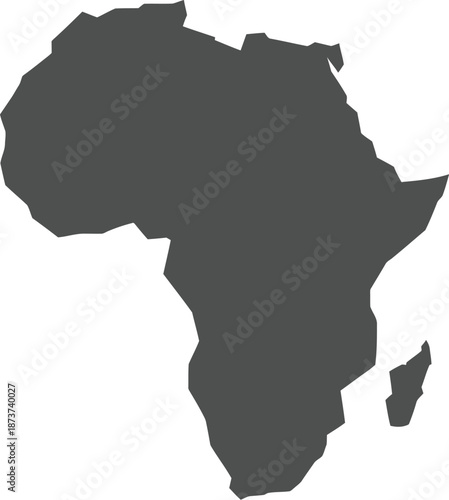 A dark grey silhouette map of the African continent on a white background