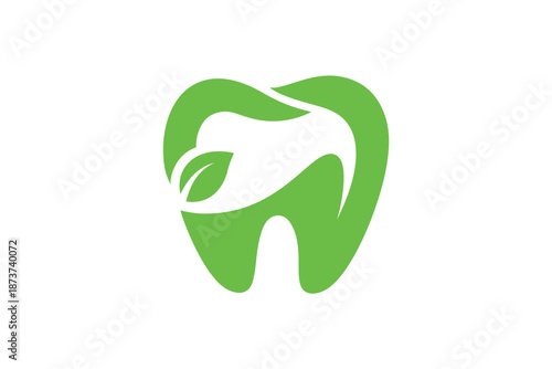 A green tooth logo with a leaf on a white background for dental care