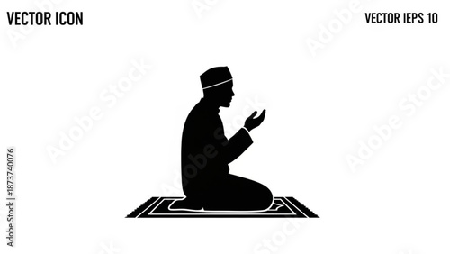 Man in traditional attire sitting on a prayer mat with hands raised in a gesture of supplication or prayer in a simple black silhouette vector graphic