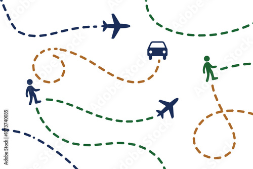 A colorful illustration of various travel modes and routes on a map