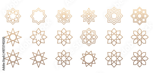 Eighteen Geometric Islamic Patterns in Gold Color on White Background