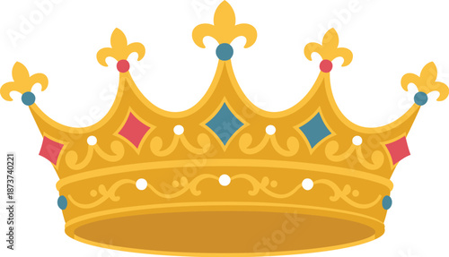 A colorful cartoon crown with jewels and fleur-de-lis on a white background