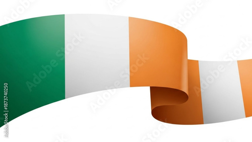 Waving irish flag ribbon with green white and orange colors on white background with Ireland symbol and national flag and patriotic symbol and irish culture