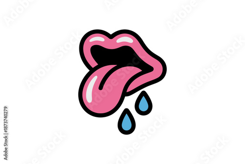 A cartoon illustration of a pink tongue with blue water droplets