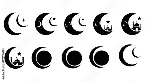 A collection of black and white crescent moon icons with stars and mosque silhouettes on a white background for ramadan or islamic design with star and moon