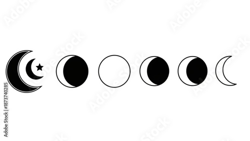 Black and white illustration of lunar cycle phases with crescent moon and star on left with moon phases and space and astronomy and night sky