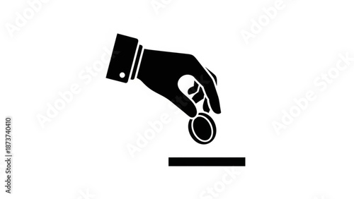 Black silhouette of a robotic hand dropping a medal on a flat surface vector illustration with award and prize and recognition and robotics and technology