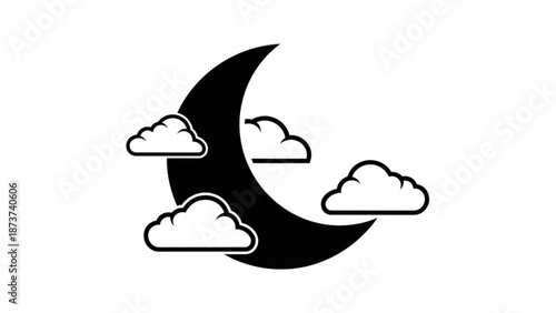 A black crescent moon with three white clouds on a white background in a simple graphic illustration style with simple illustration and night sky