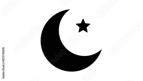 A black crescent moon symbol with a star on a white background for design and islamic cultural representation with Islamic symbol and star symbol