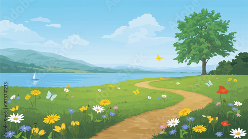 A winding dirt path through a vibrant meadow dotted with wildflowers and butterflies, leading to a tranquil lake with rolling hills in the distance under a clear blue sky with a single sailboat