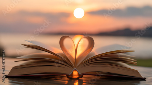 Open book with pages folded into a heart shape on a wooden table at sunset with a coastal beach background
