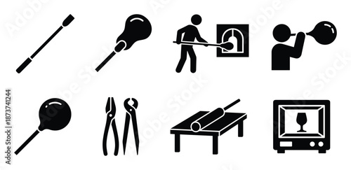 Glassblowing process equipment icons including tools and glassblowing steps
