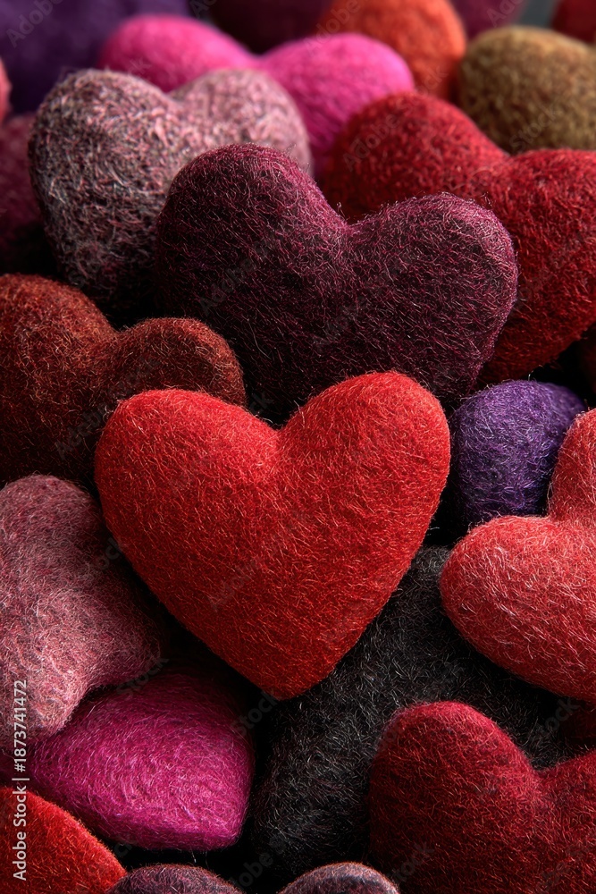Obraz premium Vibrant heart-shaped felt confetti in red, pink, and purple for romantic celebrations and crafts