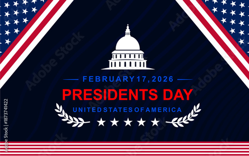 Presidents Day. With the American flag and the White House dome as the theme. Great for cards, banners, posters, social media, and more. Dark blue background. Not AI.