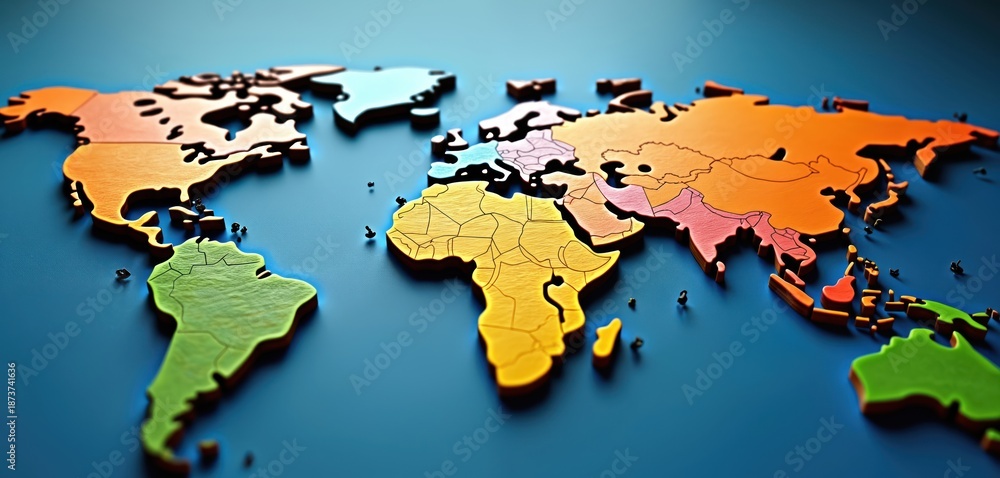 Obraz premium Colorful world map in puzzle pieces. Continents like Africa Asia and Americas shown in distinct bright shades. Global regions are divided by black lines. Represents travel education and earth.