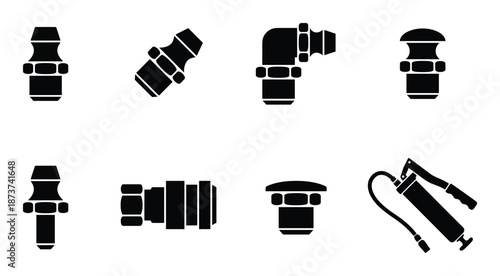 Grease fittings and grease gun vector silhouettes for lubrication equipment. Metal grease nipple and hand pump tool set.