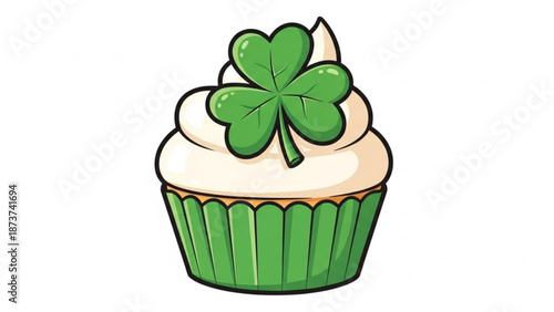 A green cupcake with white frosting and a shamrock on top for st patrick's day celebrations and irish themed parties with st patricks day and lucky