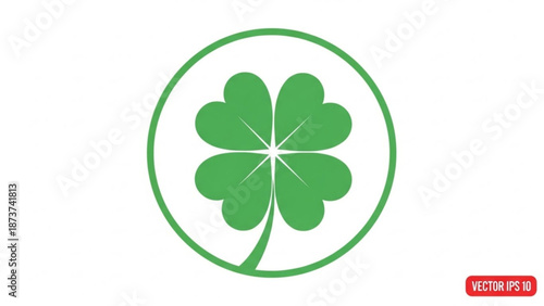 Green four leaf clover in a circle symbolizing good luck and fortune on a white background with icon and lucky charm and irish symbol and shamrock