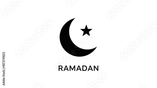 A black crescent moon and star symbol with the word ramadan on a white background representing islamic holy month of fasting and spirituality