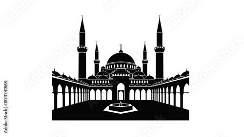A serene black silhouette of a mosque with minarets and a large dome surrounded by arches and a courtyard with islamic and architecture and religious