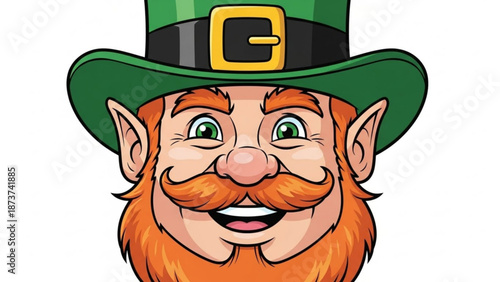 Smiling leprechaun wearing green top hat with gold buckle on white background for st patricks day with irish and cartoon and illustration and graphic