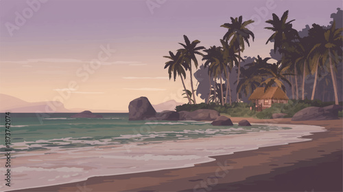 Tropical beach scene with palm trees and a small hut, serene ocean waters, and a sandy shore at dusk