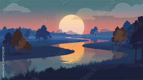 Digital illustration of a tranquil sunset over a winding river, silhouetted trees and vibrant sky reflecting in calm water, a peaceful natural scene
