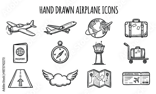 Hand Drawn Airplane Icons Set, Aviation Elements, Flight and Travel Illustration