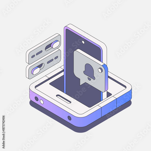 Isometric mobile alert concept with smartphone, notification icon, and UI toggles.