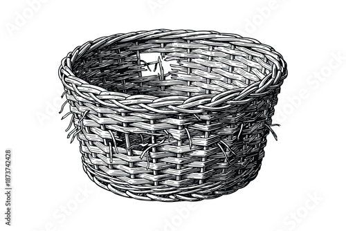 Handwoven wicker basket in black and white with visible weaves and texture