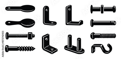 Hardware accessories vector illustration of spoons, brackets, bolts, and pins in black and white