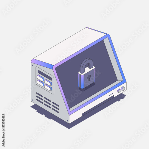 Isometric monitor with padlock icon symbolizing cybersecurity and data protection.