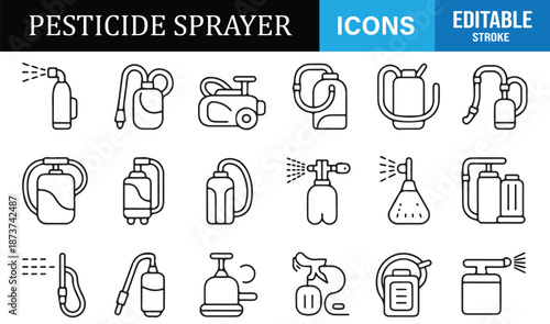 Garden and farm spraying equipment outline icon collection