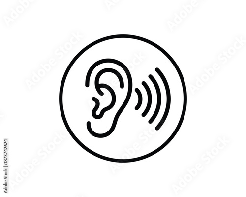 Hearing ear icon with sound waves in circle, deafness symbol, listening concept