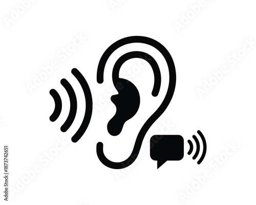 Hearing sound icon, human ear listening to sound waves symbol
