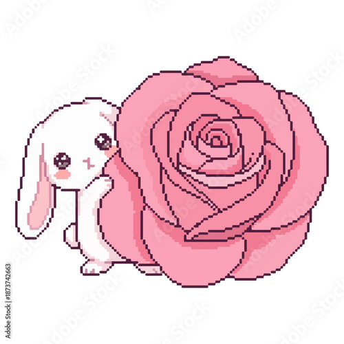 modern pixel art illustration of pink rose with a little bunny