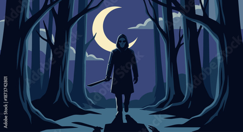 Slasher Walking in Forest
A flat vector illustration of a slasher walking through a dark forest at night. Trees form strong shapes, moonlight in the background. 