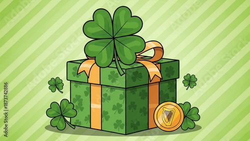 St patricks day gift box with shamrocks and gold coin on green striped background with Irish and luck and holiday and celebration and present