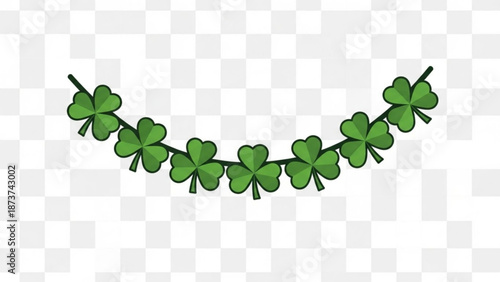 Green four leaf clover garland on white transparent background for st patrick's day decoration with st patricks day and luck charm and irish symbol