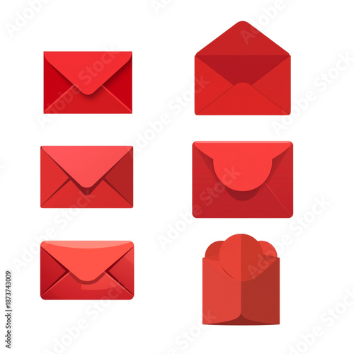 A set of six red envelopes in various styles and orientations, including sealed and open envelopes with different shapes and shades of red, against a clean white background.